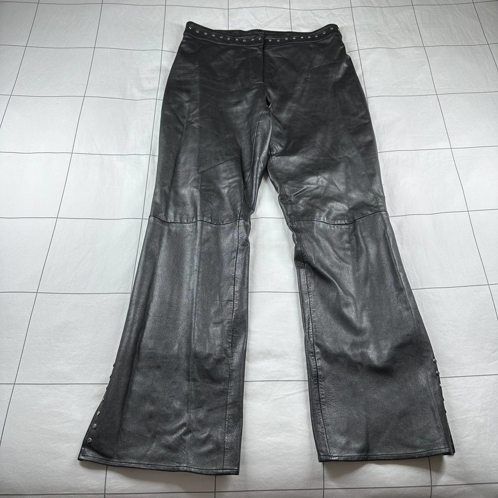Caché Pants Womens 8 Black Gray Leather Studded Vintage Bootcut Flare Ankle Slit